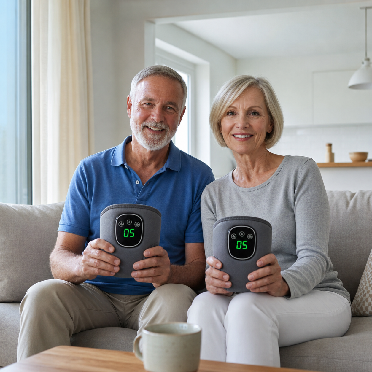 Senior-Paar mit dem VitalPulser™ 3-in-1 Massager im Wohnzimmer